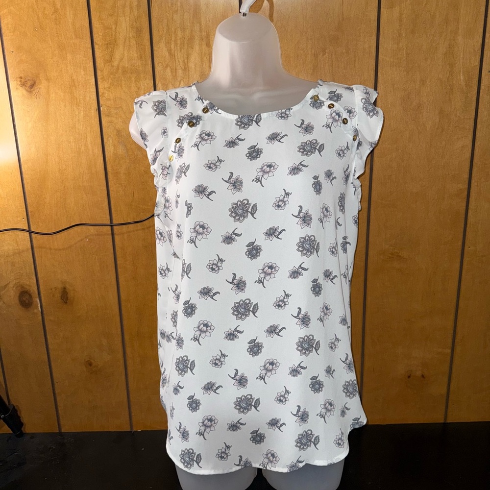 LOFT White and Gray Floral Blouse